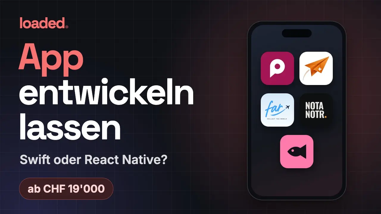 Vorschaubild des Videos «App entwickeln lassen: Swift oder React Native?» mit dem Preis ab CHF 19'000 und den App-Symbolen von PrimAI, Sortio, far, notanotr und Date This Cat auf einem iPhone