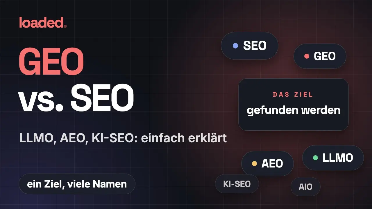 Vorschaubild des Videos «GEO vs. SEO: LLMO, AEO, KI-SEO einfach erklärt» mit den Begriffen SEO, GEO, AEO, LLMO, KI-SEO und AIO rund um das Ziel «gefunden werden»
