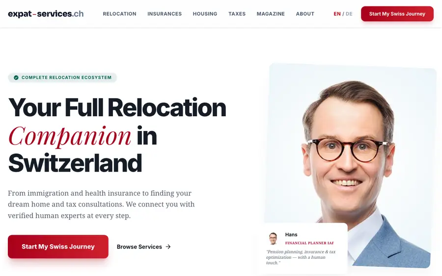 Screenshot der Website Expat Services
