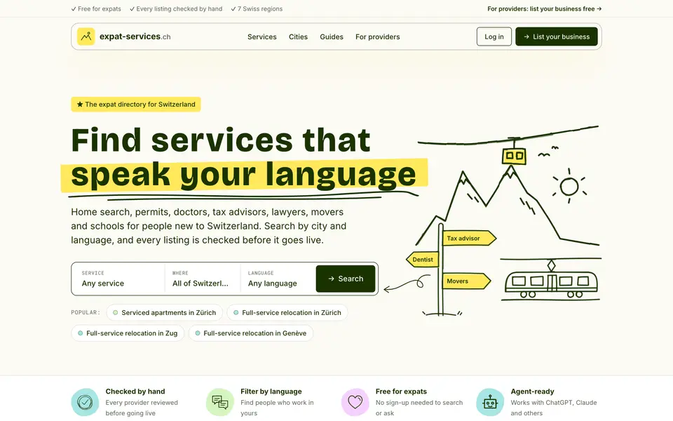 Screenshot der Website expat-services.ch