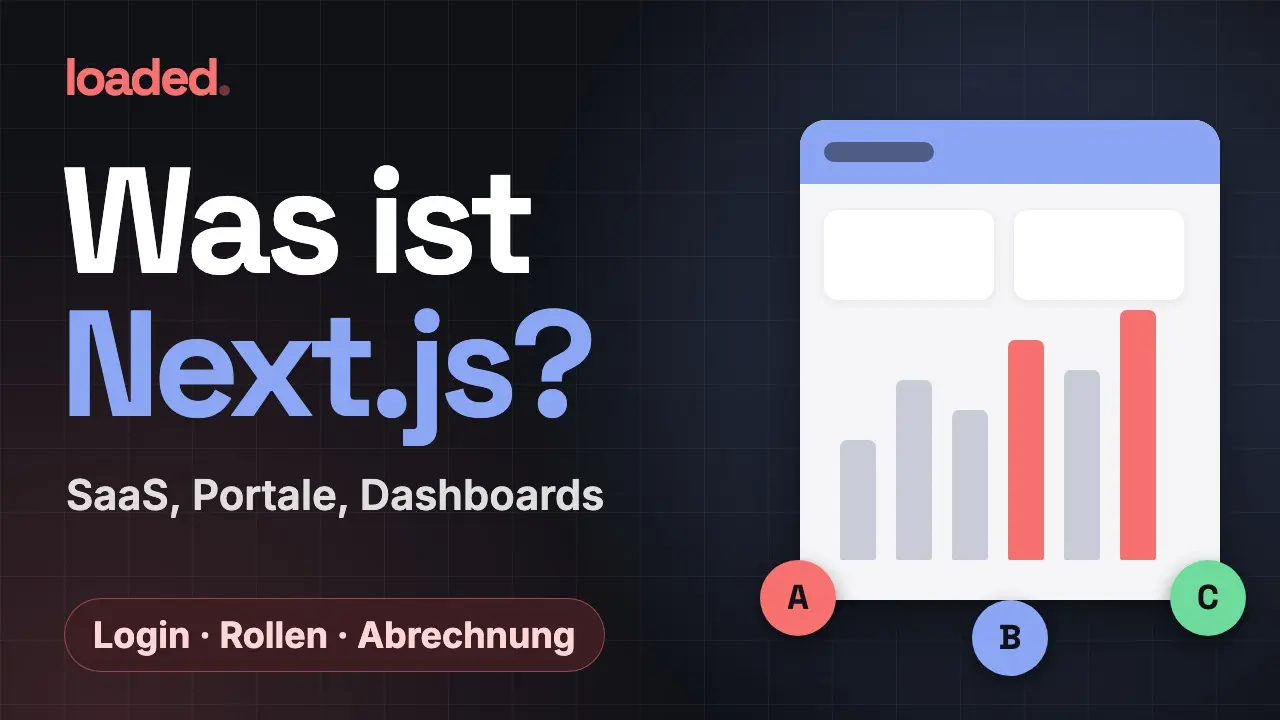 Vorschaubild des Videos «Was ist Next.js?» mit dem Untertitel «SaaS, Portale, Dashboards», den Stichworten Login, Rollen und Abrechnung und einem Dashboard für drei Kunden A, B und C