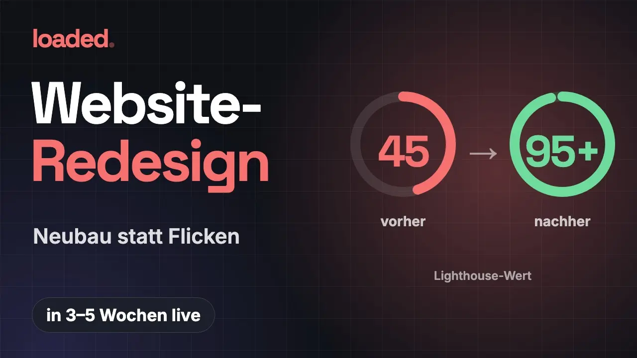 Vorschaubild des Videos «Website-Redesign: Neubau statt Flicken» mit dem Hinweis «in 3 bis 5 Wochen live» und dem Lighthouse-Wert vorher 45, nachher 95+