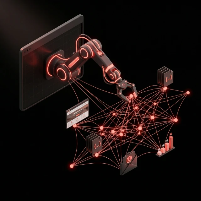 KI-Agent Architektur — autonome Daten-Pipeline mit vernetzten Knoten und leuchtenden Verbindungen